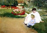 Seated Canvas Paintings - Woman And Child Seated In A Garden